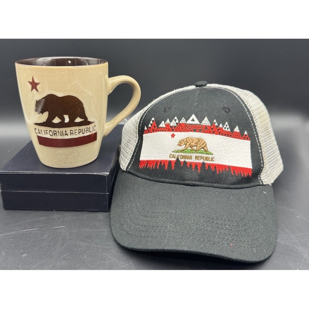 California Republic Bear Mug & Trucker Hat Lot Snco Coffee Cup Cap Brown